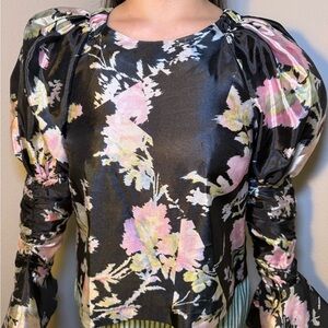 Topshop Black Floral Puff Sleeve Blouse